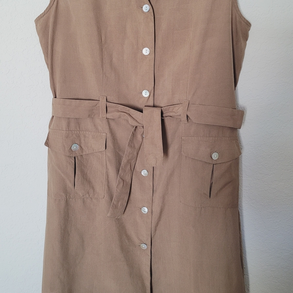 Vintage HASLTON Khaki Sleeveless Button-Down Dress Sz 12 - Picture 4 of 13
